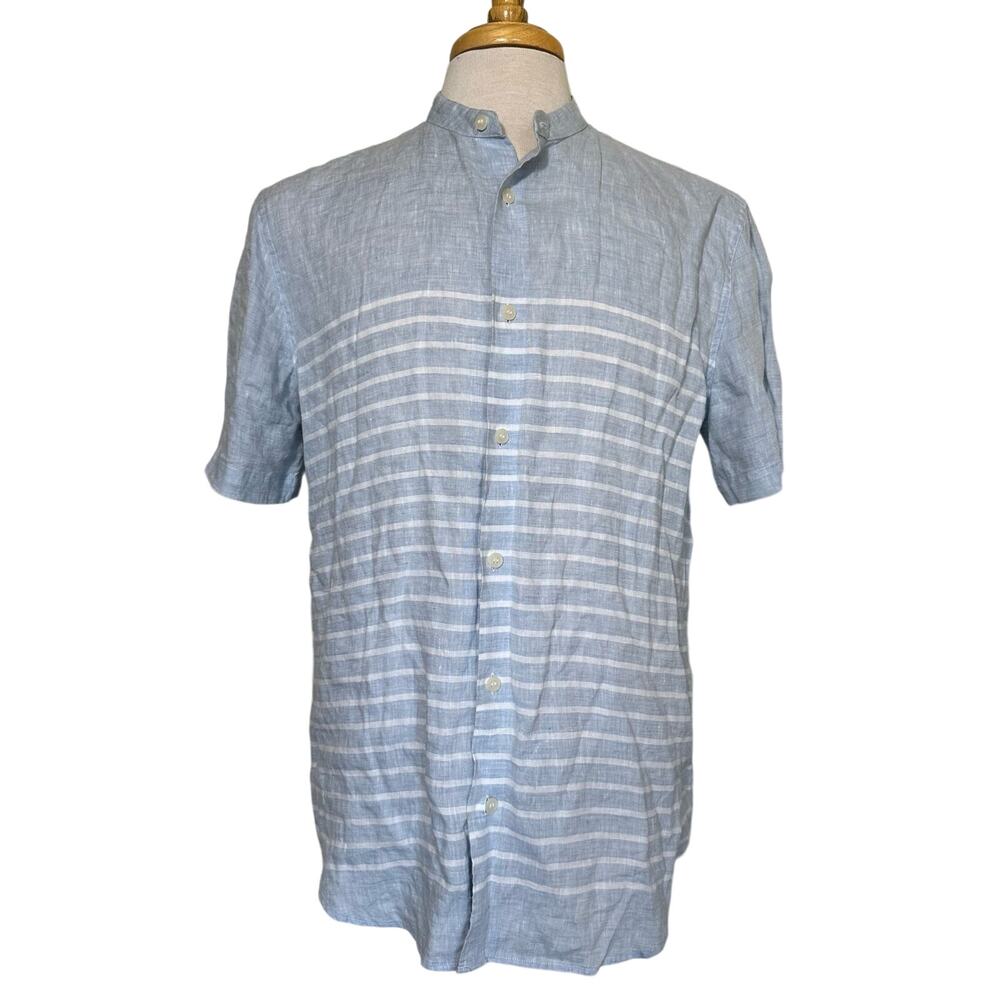 Murano Linen Mandarin Collar Shirt Button-Front Striped Short-Sleeve New sz L